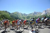 Das Peloton fährt in den Pyrenäen einen Berg hinauf